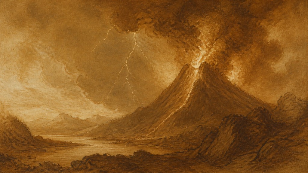 an erupting volcano with lightning strikes, dramatic wide composition, no text