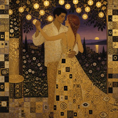 an original couple dancing under string lights in a garden at dusk: a man with short black hair in a linen shirt and a woman with braided red hair in a summer dress