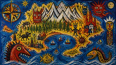 a map of an island realm with mountains, forests, a sheltered bay, sea monsters in the water and a compass rose, no text labels