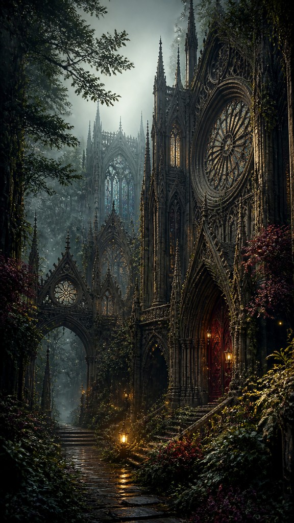 a mysterious forest path with fireflies and drifting mist, atmospheric vertical composition with open space at the top, no text