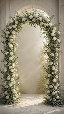 an arch of white roses and eucalyptus in soft morning light, elegant vertical composition with open space, no text