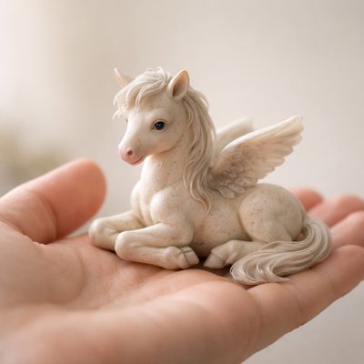 Palm-sized mythical horse figurine, anatomically correct with gentle pose and calm expression, subtle wings, minimalist fantasy style, whimsical and serene, soft studio lighting with shallow depth of field, plain background, limited colors, high but restrained detail tiny spirit horse