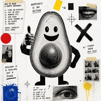 a happy avocado character giving a thumbs up, bold readable design on a plain background, no text