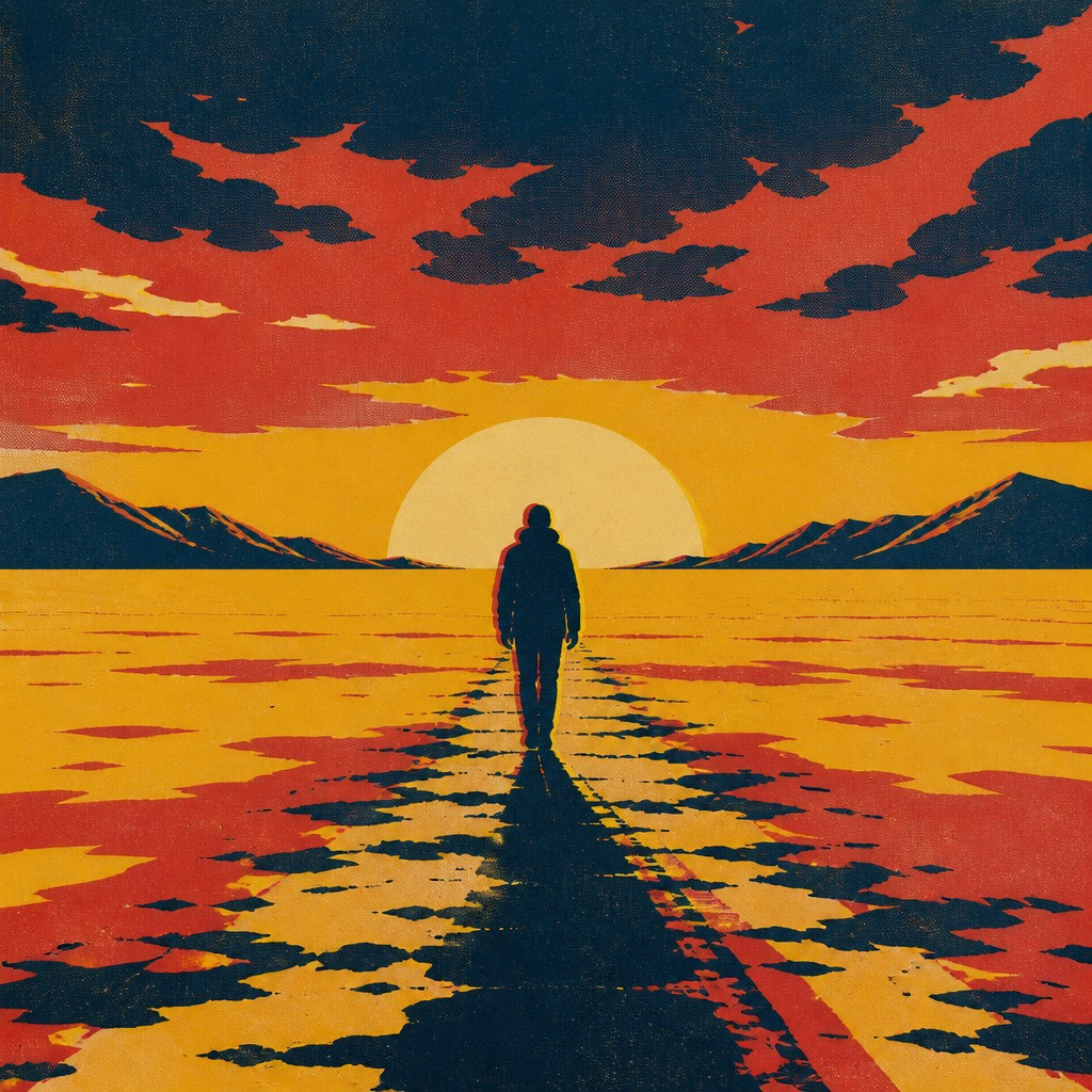 a solitary figure walking toward a glowing horizon across an empty plain, moody atmosphere, no text or lettering