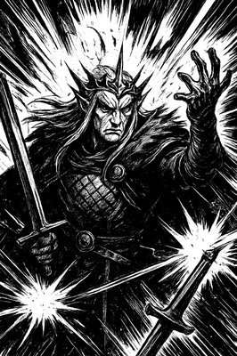 a black and white drawing of a man holding a sword