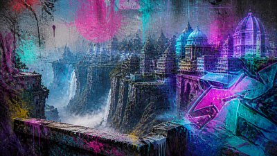 a cliffside city with waterfalls cascading into a misty canyon, wide establishing shot, no people, no text