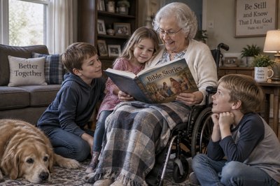 elderly woman in a wheelchair cheerfully reads Bible stories to her grandchildren