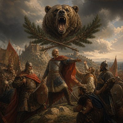 a roaring bear head above crossed pine branches, bold graphic composition on a plain background, no text