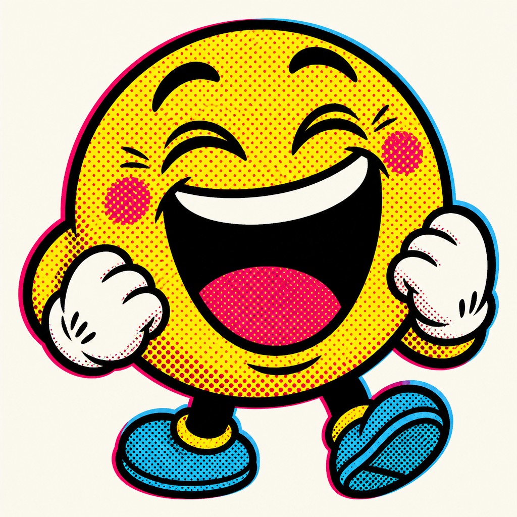an exaggerated laughing face of an original round mascot character, bold and readable at small size, plain background, no text