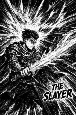 a black and white drawing of a man holding a sword