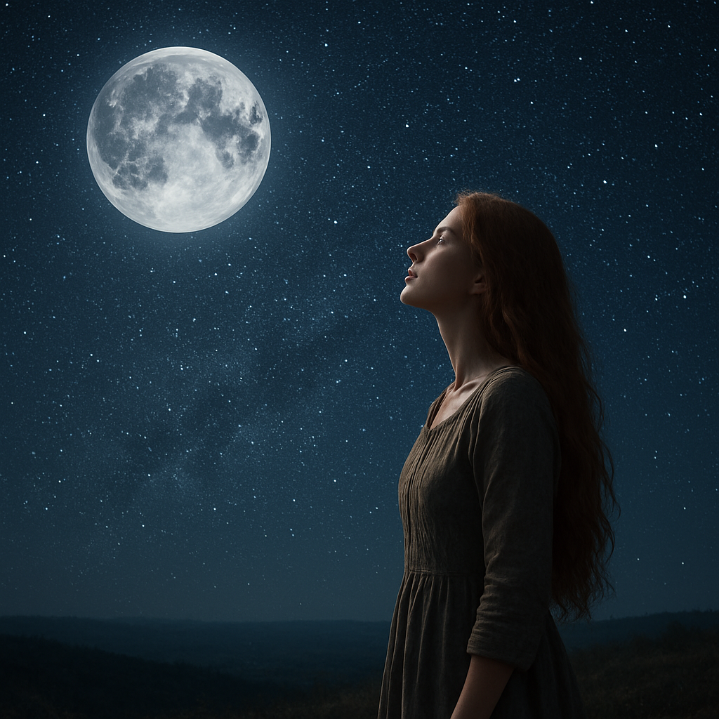 Photorealism Art Style, an incredibly majestic and emotionally profound scene inspired by Psalm 8:3-6. The vast, deep, and infinitely starry night sky fills the upper portion of the frame, showcasing a breathtaking, crystal-clear view of the moon and countless stars, rendered with stunning astronomical realism. The moon is a prominent, luminous presence, casting a gentle, ethereal glow across a distant, subtle landscape. In the lower portion of the frame, integrated seamlessly, stands a solitary long red-haired woman, dressed in simple, flowing attire. She is positioned on a subtle, earthy vantage point, her head tilted upwards, gazing into the expanse of the heavens with an expression of profound awe, contemplation, and humility. Her presence emphasizes the scale of the cosmos. The scene is illuminated by the soft, natural light of the moon and stars, creating subtle shadows and highlighting the woman's contemplative face. Focus on the stunning clarity and depth of the starry night sky, the serene yet powerful presence of the moon, and the deep emotional connection of the woman gazing at God's creation, conveying a sense of divine majesty and humanity's cherished place within it.