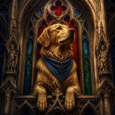 portrait of a golden retriever wearing a blue bandana, warm plain backdrop, no text