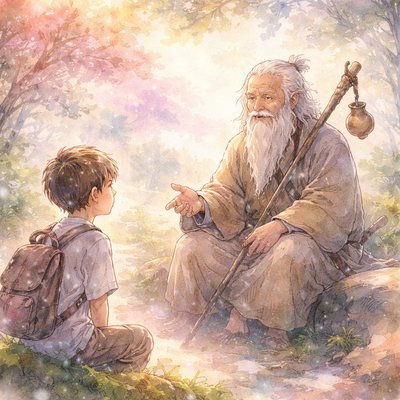 Nature environment. A 12 year old boy meets an old man with ancient wisdom. The boy asks him questions, the old man has a very simple style but high level of consciousness. Nobody sees, him except people on a spiritual path. High level of humour. 