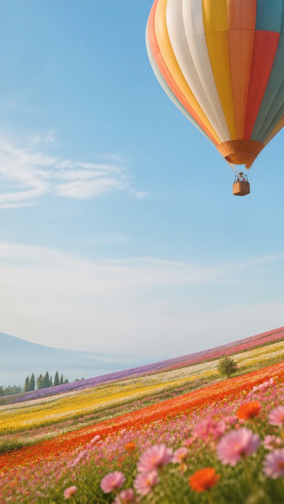a hot air balloon drifting over rolling flower fields on a sunny day, cheerful, no text