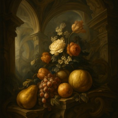 still life arrangement of fruits and flowers