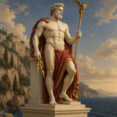 a painting of a statue of a man holding a staff