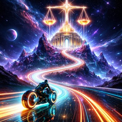 Neon-Futurism Digital Art Style, Bioluminescent Sci-Fi Cosmic Setting, Grandiose Architectural Scale. A sweeping vista of deep space, where the Ecliptic is a glowing laser-grid highway curving towards a monumental structure.

The Rider and Consistent Vehicle: The lone rider is speeding along the light path. Crucially, they are riding the exact same type of futuristic, hubless "light-cycle" sportbike seen in the previous Virgo generation. The bike has sleek, glowing cyan and orange wheel rings and chassis lighting, leaving a vibrant neon trail. The rider is in the matching full-coverage glowing armored suit with an integrated helmet.

The Heavenly Mountain: Rising from the cosmic void ahead is a colossal "Heavenly Mountain" formation made of crystallized nebulae, glowing geometric rockforms, and compressed stardust in shades of deep indigo and violet.

The Temple of Libra: Perched majestically at the summit is the "Great Courtly Temple of Libra." It is a massive structure of glowing classical architecture re-imagined with light-lines—towering columns of cyan light and archways of golden data streams.

The Icon: Integrated into the highest point of the temple is a gigantic set of perfectly balanced Cosmic Scales, constructed from radiant, golden energy and concentrated star clusters, shining brightly against the dark space.