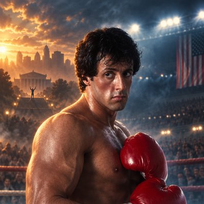 a man wearing boxing gloves in front of a stadium