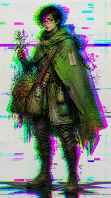 full-body original character: a wandering botanist with a satchel of plants, a patched green cloak, tall boots and round glasses, neutral background