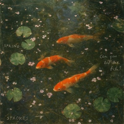 A koi pond seen from above, orange and white koi fish swimming among lily pads, clear water with subtle ripples, fallen cherry blossom petals floating on the surface, dappled sunlight