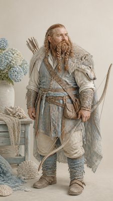 full-body original character: a dwarven ranger with a braided auburn beard, worn leather armor, a longbow and a wolf-pelt cloak, neutral background, no text