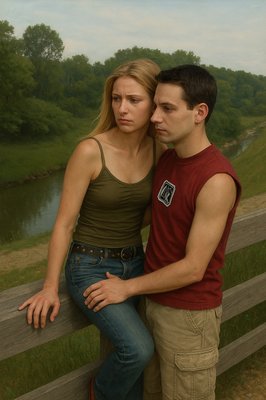 a man and a woman leaning against a fence