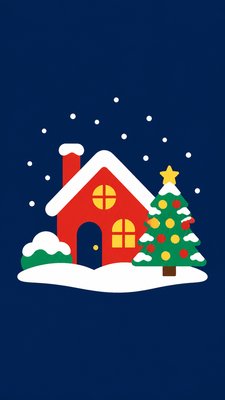 a snow-covered cottage with warm glowing windows beside a decorated pine tree, gentle snowfall, no text