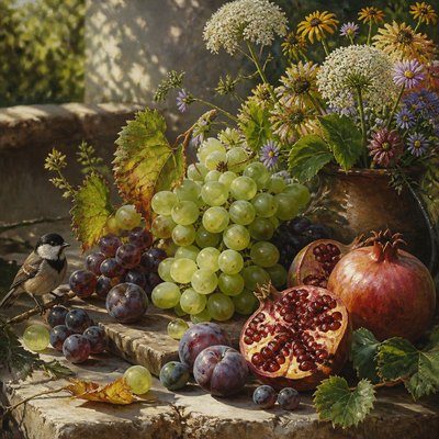 still life arrangement of fruits and flowers