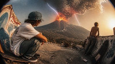 an erupting volcano with lightning strikes, dramatic wide composition, no text