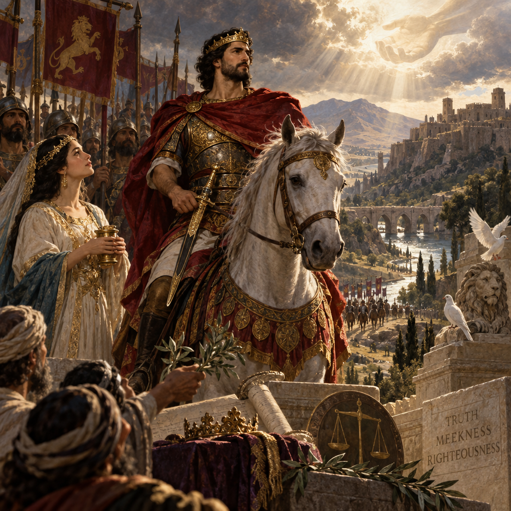 Psalms 45:2-4 (JPS)
2 (45:3) Thou art fairer than the children of men; grace is poured upon thy lips; therefore God hath blessed thee for ever.
3 (45:4) Gird thy sword upon thy thigh, O mighty one, thy glory and thy majesty.
4 (45:5) And in thy majesty prosper, ride on, in behalf of truth and meekness and righteousness; and let thy right hand teach thee tremendous things.