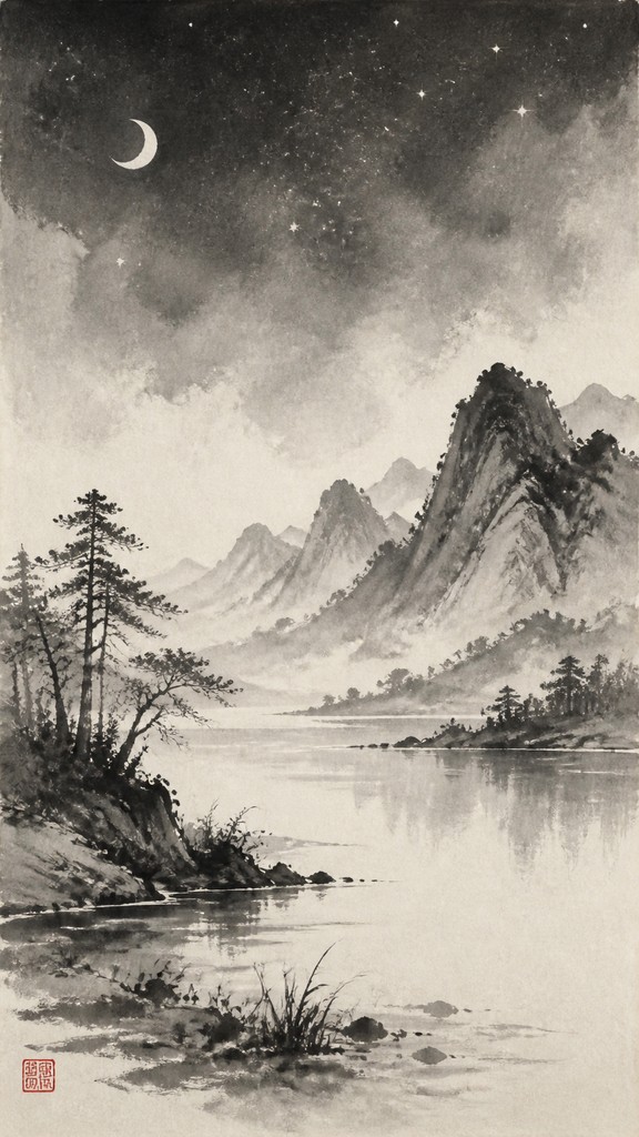 a tranquil mountain lake beneath a starry night sky, no people, no text