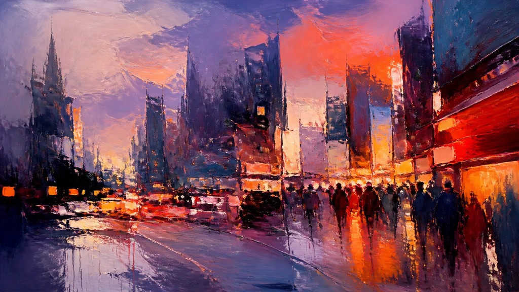 bustling city street panorama at dusk