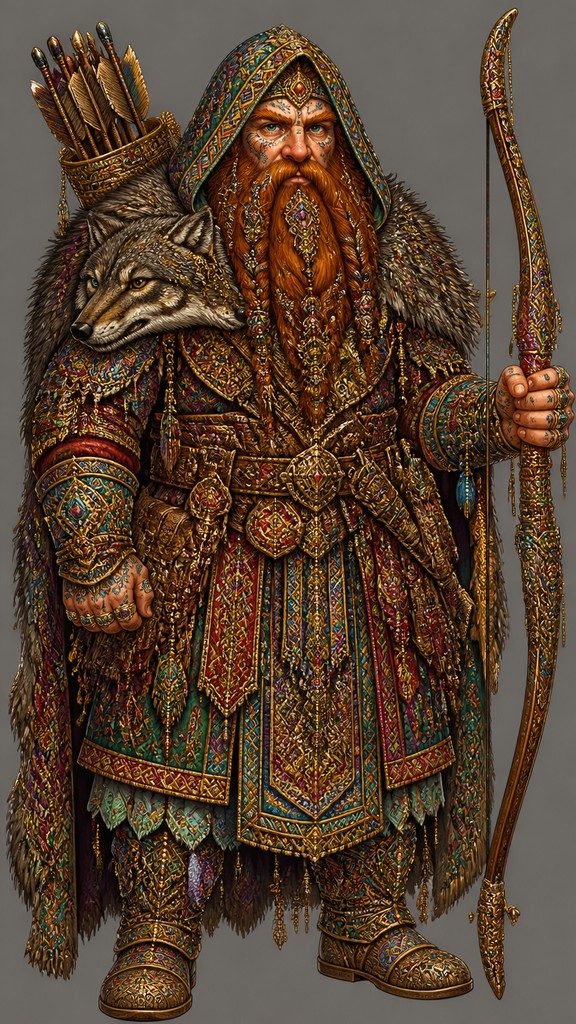full-body original character: a dwarven ranger with a braided auburn beard, worn leather armor, a longbow and a wolf-pelt cloak, neutral background, no text