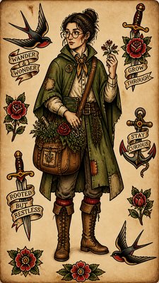 full-body original character: a wandering botanist with a satchel of plants, a patched green cloak, tall boots and round glasses, neutral background