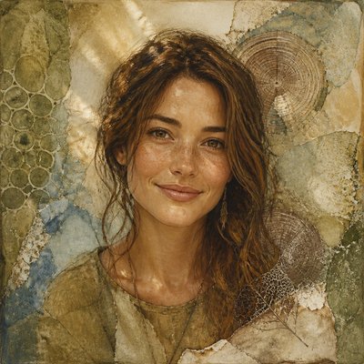 head-and-shoulders portrait of an original character: a young woman with wavy chestnut hair and a warm smile, plain soft backdrop