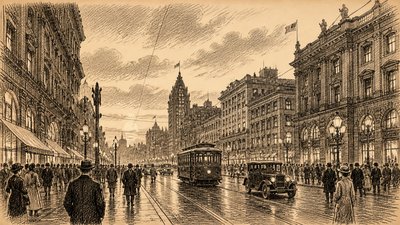 bustling city street panorama at dusk