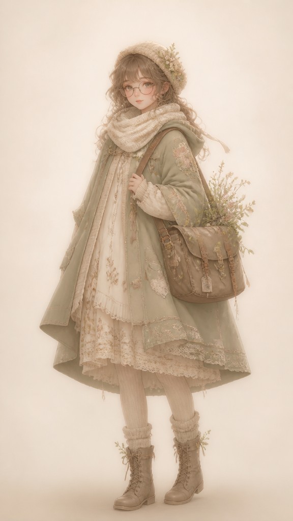 full-body original character: a wandering botanist with a satchel of plants, a patched green cloak, tall boots and round glasses, neutral background