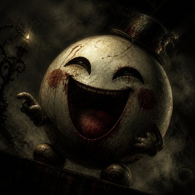 an exaggerated laughing face of an original round mascot character, bold and readable at small size, plain background, no text
