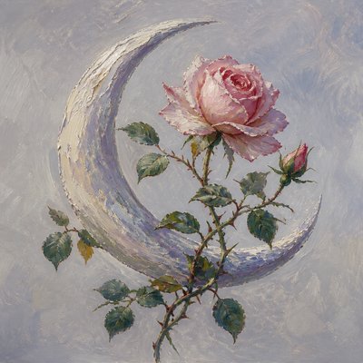 a rose entwined with a crescent moon, clean balanced composition on a plain background, no text