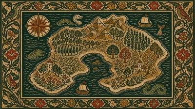 a map of an island realm with mountains, forests, a sheltered bay, sea monsters in the water and a compass rose, no text labels