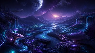 a vast valley with a river winding toward distant mountains at sunrise, no people, no text