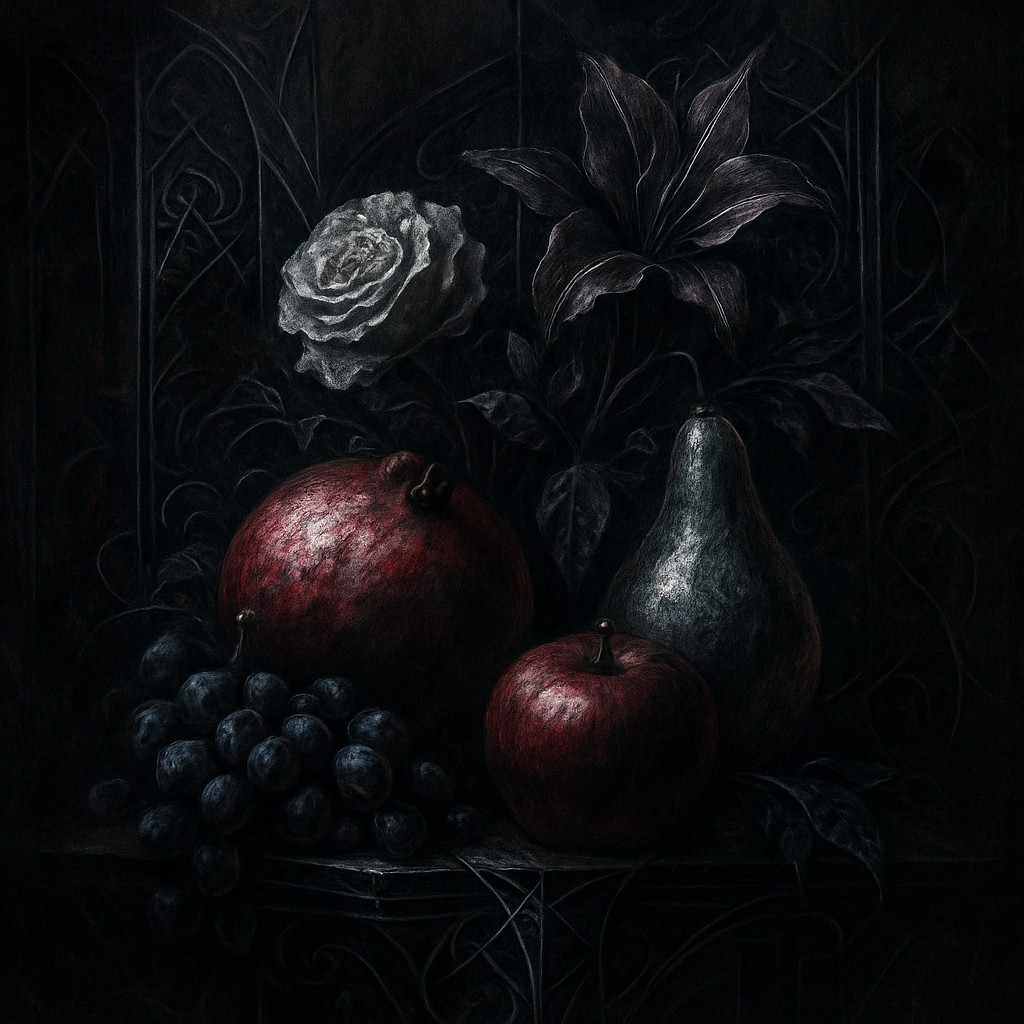 still life arrangement of fruits and flowers