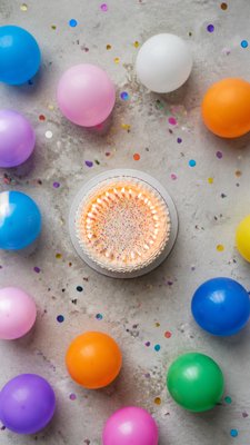 a birthday cake with lit candles surrounded by balloons and confetti, festive vertical composition, no text