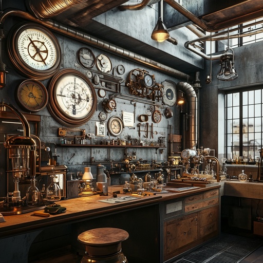 Interior design of a steampunk laboratory or workshop in the art style of Steampunk --v 6.1