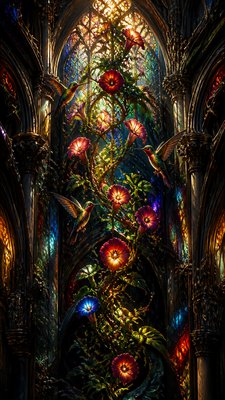 a climbing vine of flowers and hummingbirds on a dark background, tall wrapping composition, no text