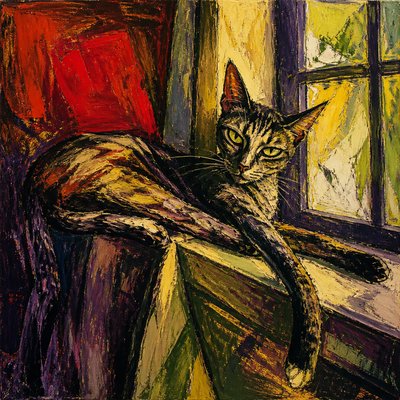 a cat lounging in a sunlit window