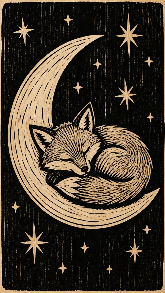 a sleeping baby fox curled on a crescent moon among soft stars, gentle and warm, no text
