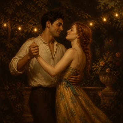 an original couple dancing under string lights in a garden at dusk: a man with short black hair in a linen shirt and a woman with braided red hair in a summer dress