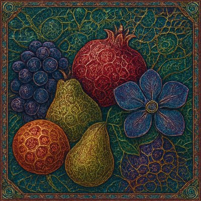 still life arrangement of fruits and flowers