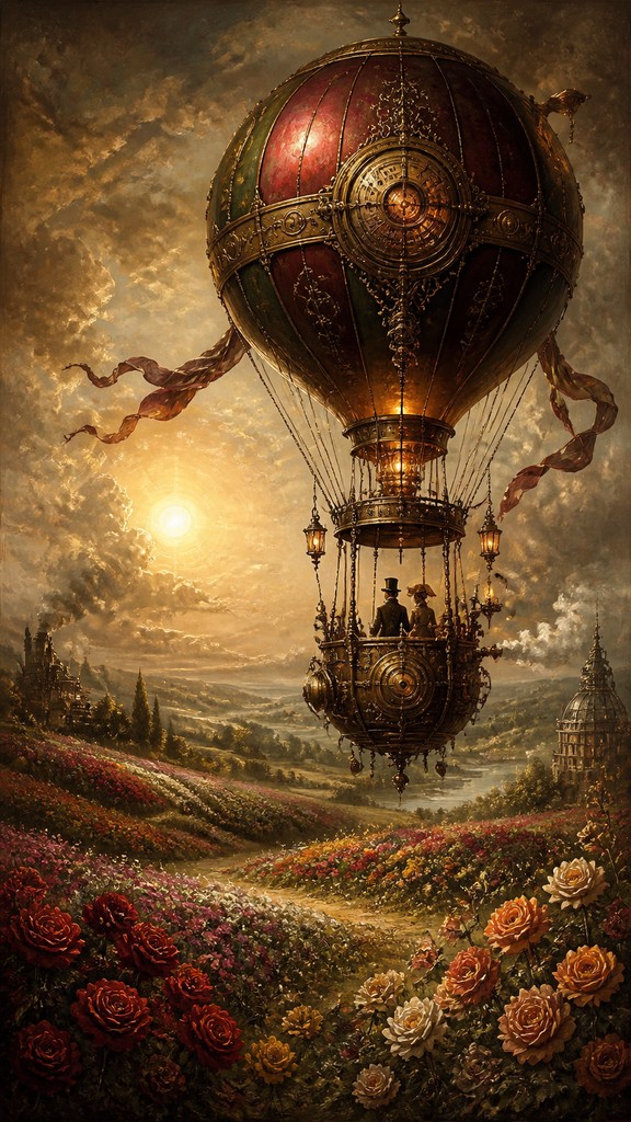 a hot air balloon drifting over rolling flower fields on a sunny day, cheerful, no text